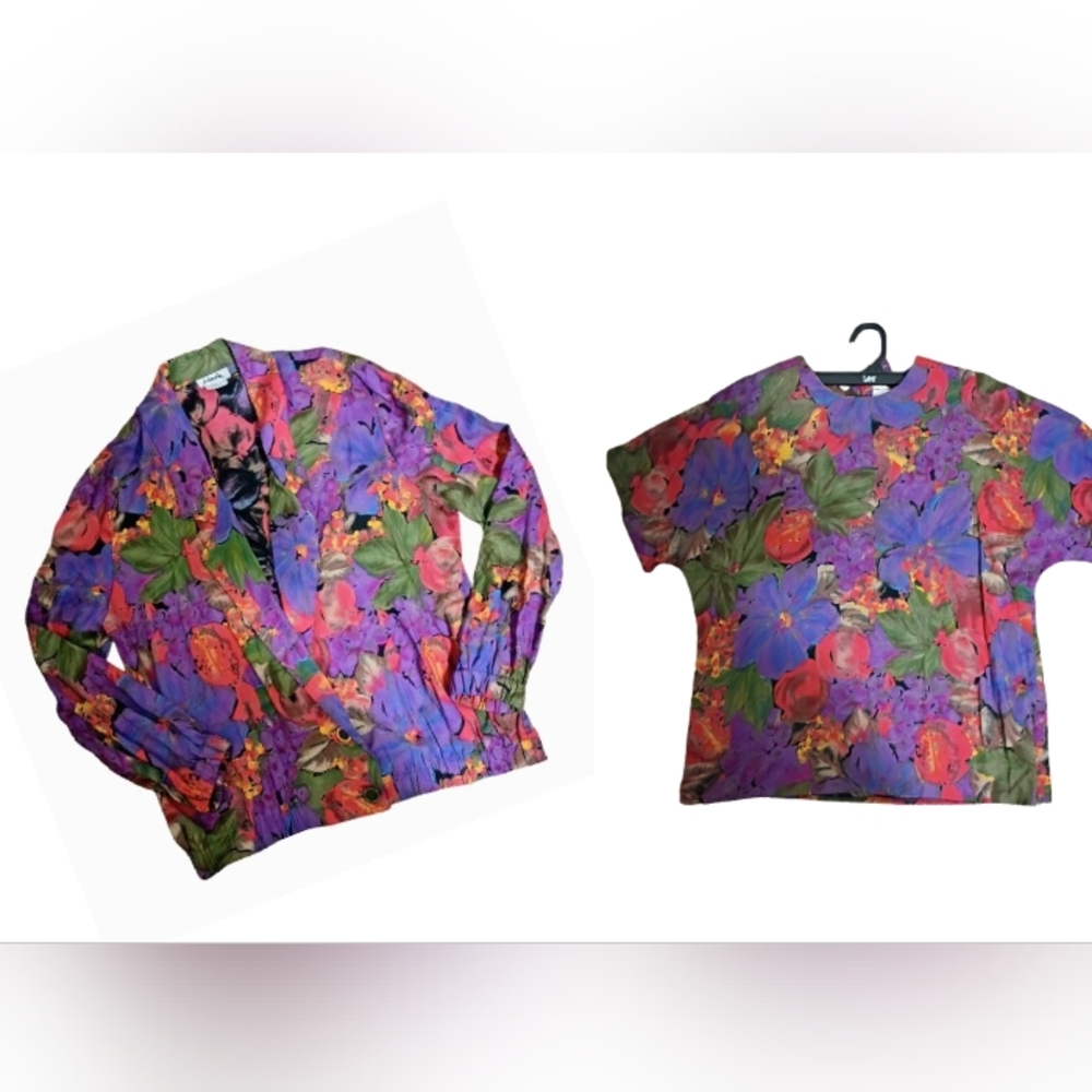Jo Hardin 2 Pc Blouse and Jacket Set 80's VTG 100% Rayon 14 Fruit Floral Artsy